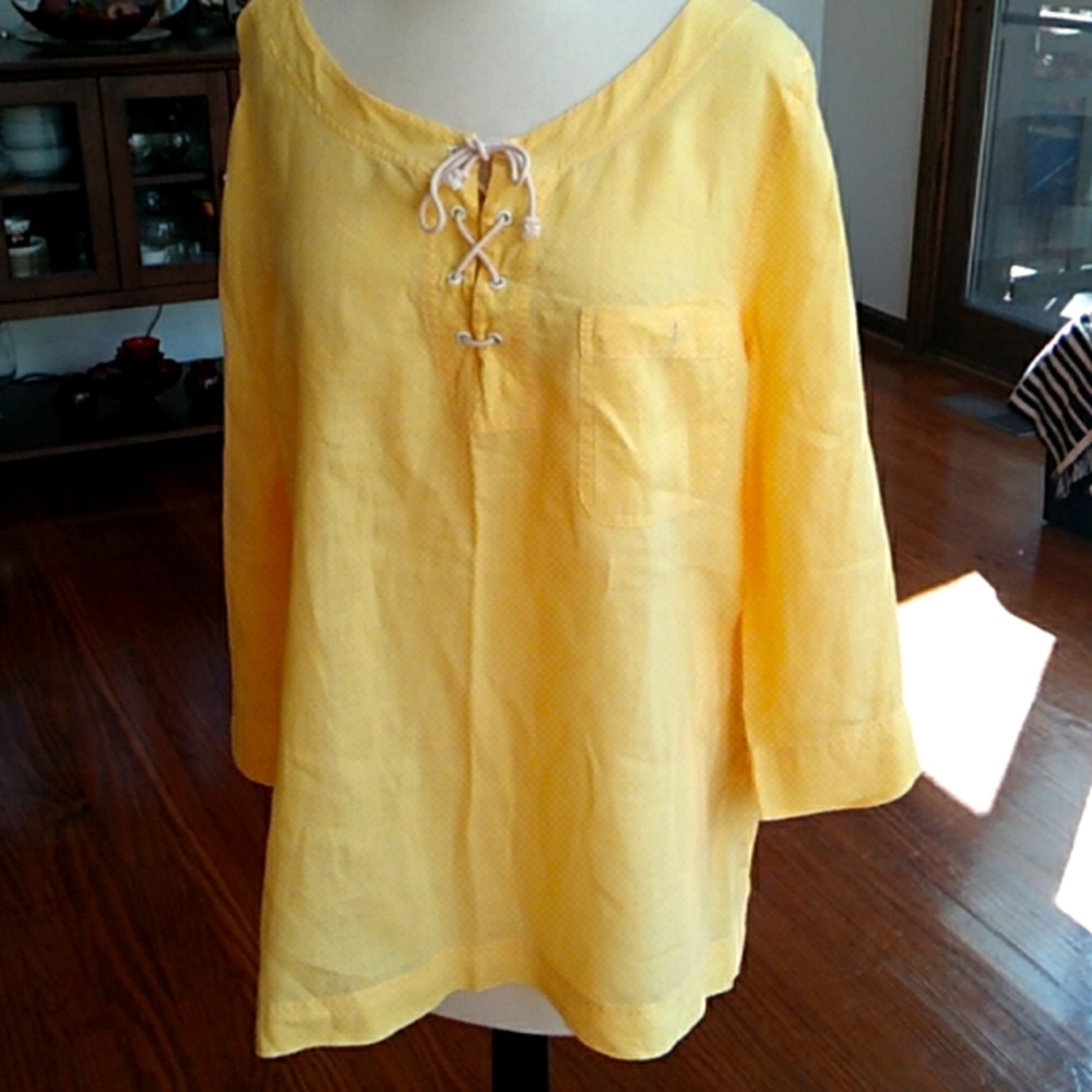 RALPH LAUREN YELLOW linen ADJUSTABLE SLEEVES WOMENS BLOUSE L